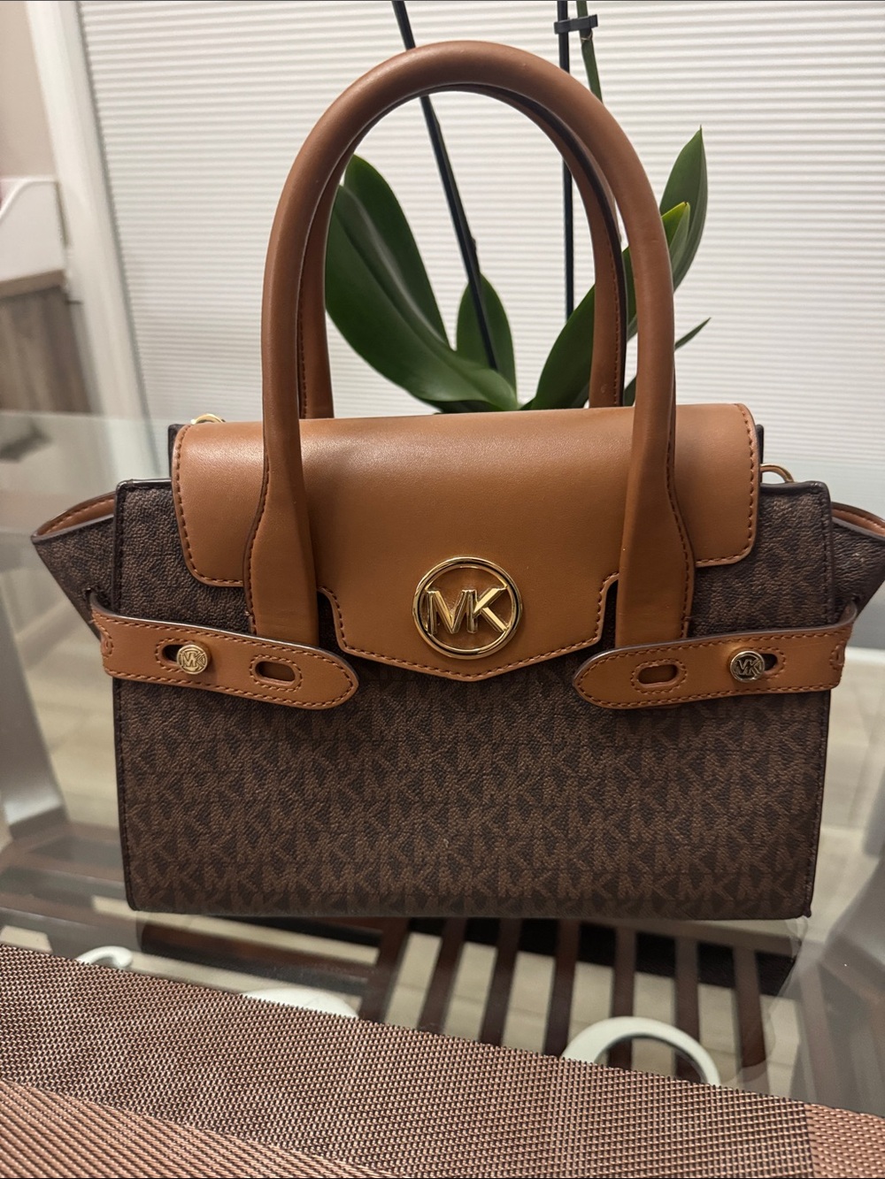 Michael Kors Brown and Tan Signature MK Satchel with Gold Hardware